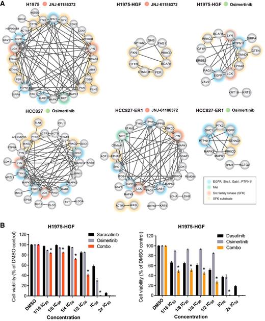 Figure 6. Resistant tumors display reduced EGFR and SFK signaling networks and dual targeting of EGFR and residual SFK signaling confers superior growth inhibition. A, Phosphoprotein interaction networks for each group of resistant tumors as indicated. All proteins are represented by their gene name and have at least one phosphopeptide with a relative ratio <0.5 compared to the 6 hours vehicle-treated tumors for minimum six of nine tumors (TMT-10-plex) or four of five tumors (TMT-6-plex). Networks were generated using STRING. Non-connected nodes were not represented. B, Cell viability of H1975-HGF cells treated with osimertinib and saracatinib (left) or dasatinib (right) alone or in combination. The compounds were used at the indicated concentrations. For the combination (combo) treatment a constant ratio was applied for the individual compounds (IC50; osimertinib: 10 μmol/L, saracatinib: 30 μmol/L, dasatinib: 20 μmol/L). Data represent mean ± SEM of three biological replicates. * denotes a synergistic combination effect (ΔI > 0).