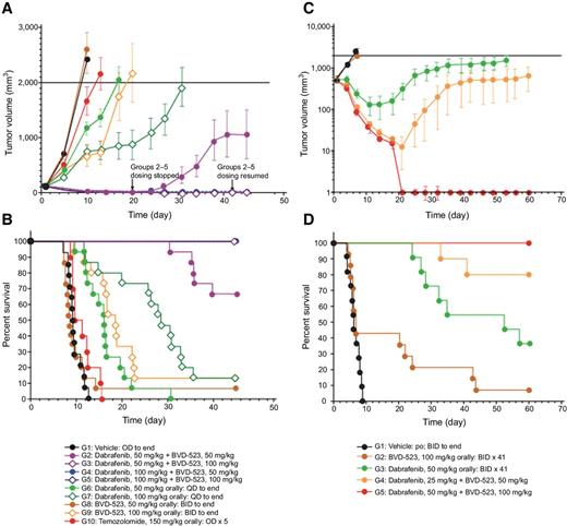 Figure 4. Effect of combined BVD-523 and BRAF inhibition. A375 BRAFV600E-mutant melanoma cell line xenograft model with a tumor start volume of 75–144 mm3 (A and B), and in the same model with larger tumor volume (700–800 mm3) at the initiation of dosing (C and D). Mean ± SEM tumor volumes (top) and Kaplan–Meier survival (bottom) are presented for each study (n = 10 for each treatment group). In each experiment, combinations of dabrafenib with BVD-523 results in statistically superior overall survival compared with their corresponding controls (P < 0.001).