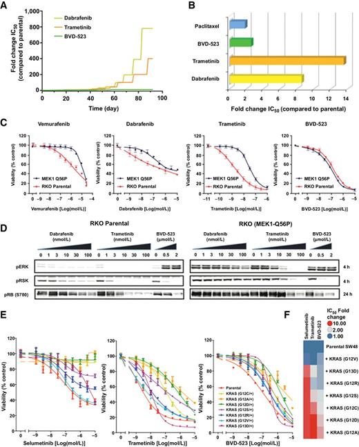 Figure 5. BVD-523 demonstrates activity in models of resistance to BRAF/MEK inhibition. A, The emergence of resistance to BVD-523, dabrafenib, or trametinib in BRAFV600E A375 cells following exposure to increasing concentrations of drug is indicated. A strict set of “criteria” was applied (see Materials and Methods section) as to when the concentration of drug was increased. Each point on the plotted line represents a change of medium or cell split. B, In A375 cells cultured to be resistant to combined BRAF (dabrafenib) + MEK (trametinib), the fold change in IC50 compared with parental A375 of BVD-523, dabrafenib, trametinib, and paclitaxel was measured. C, Parental and BRAFV600E RKO cells engineered with endogenous heterozygous knock-in of MEK1Q56P were incubated with BRAF (vemurafenib or dabrafenib), MEK (trametinib), or ERK (BVD-523) inhibitor and cell viability assessed as a function of inhibitor concentration. Data presented are average ± SEM of three independent titrations of each inhibitor and cell line. D, Western blot analyses of pERK, pRSK, and pRB from cell lines treated in C. E and F, Knock-in of KRAS-mutant alleles into SW48 cell line significantly diminishes sensitivity to the MEK inhibitors trametinib and selumetinib, while comparative sensitivity to BVD-523 is retained (n = 3 per titration; data are average ± SEM).