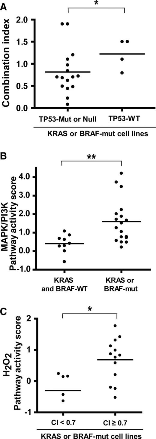 Figure 4. Potential biomarkers for synergy between BMS-906024 and paclitaxel in KRAS- or BRAF-mutant NSCLC. A, CI values for BMS-906024 and paclitaxel in the 20 NSCLC cell lines that had KRAS or BRAF gain-of-function mutations, grouped into those that were mutant (Mut) or null versus WT for TP53. B, MAPK/PI3K pathway activity scores for 27 NSCLC cell lines grouped by KRAS/BRAF mutational status. C, H2O2 pathway activity scores among 18 KRAS- or BRAF-mutant cell lines grouped by synergy level. *, P < 0.05 and **, P < 0.01.