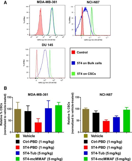 Figure 4. 5T4-PBD effectively targets CSCs in vivo.A, 5T4 is expressed on CSC populations of various cancer cell lines. CSC markers are as follows: MDA-MB-361 breast cancer: Aldefluor+; NCI-N87 gastric cancer: Aldefluor+; DU 145 prostate cancer: CD44+CD24−. B, ADC-treated tumors were harvested and the CD44+CD24− breast cancer CSCs and Aldefluor+ gastric carcinoma CSCs were counted. The number of CSCs found in the vehicle-treated control tumors was normalized to 100%, and the data for other treatment groups are reported as a percent of the CSC population found in control tumors. 5T4-PBD decreased the CSC population by approximately 50% in both models. 5T4-Tub had no effect on the MDA-MB-361 CSCs but had some effect on NCI-N87 CSCs, although this effect was not as potent as that with 5T4-PBD. Neither 5T4-mcMMAF nor controls had any effect on CSCs in either model. The 5T4-PBD–mediated decrease in CSCs was statistically significant compared with all groups in both models except the 5T4-Tub–treated group in the NCI-N87 model (P < 0.05 based on unpaired t tests).