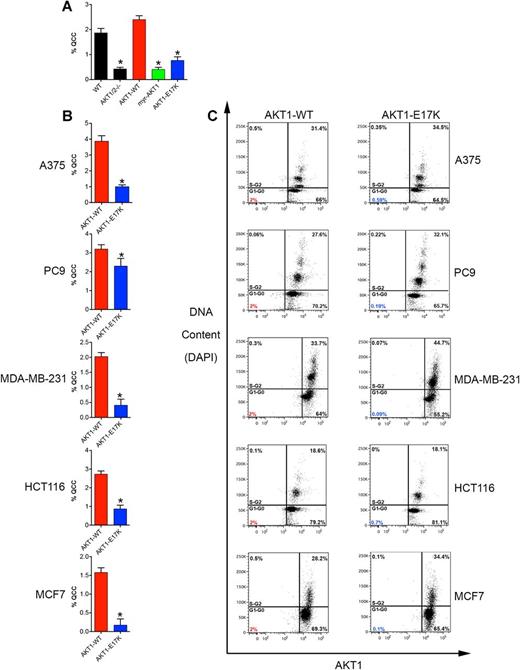 Figure 2. AKT1-E17K disrupts QCCs. A, Bar graph percentages of QCCs in the HCT116-AKT1/2−/− human cancer cell line with cDNAs for AKT1-WT or AKT1 mutants. B, Bar graph percentages of QCCs in human cancer cell lines ectopically expressing inducible AKT1-WT or AKT1-E17K. Error bars indicate mean ± SEM for three independent experiments, *, P < 0.05. C, Flow cytometry analysis of cell-cycle (DAPI) and AKT1 levels.