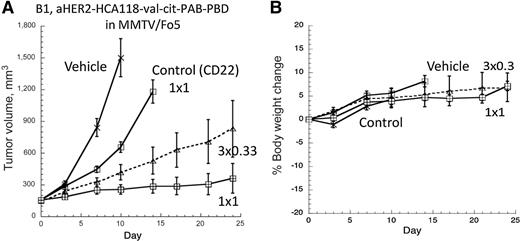 Figure 3. A, Dose-fractionation efficacy studies of PBD-containing ADC B1 in xenograft mice bearing human HER2-expressing Fo5. Xenograft mice (n = 8 each treatment group) were dosed with a single IV dose or one third of the dose very week three times. Tumors in mice were measured one to two times a week throughout the studies. The tumor volumes were plotted as a mean tumor volume SEM of each group over time. B, Body weights from the in vivo efficacy study in mice bearing human HER2-expressing Fo5.