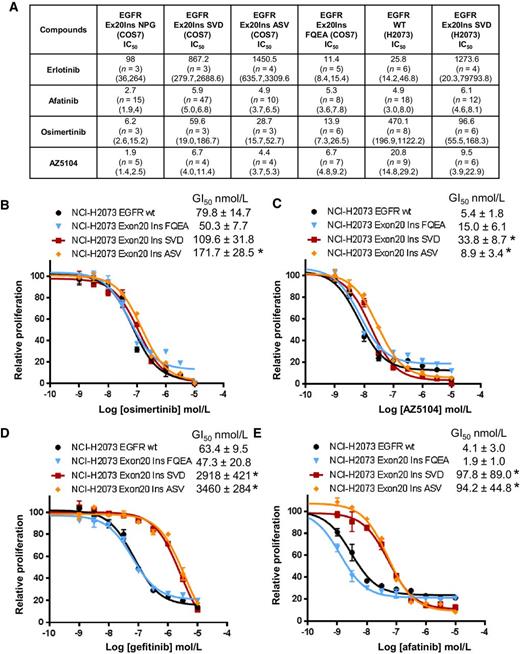 Figure 2. Sensitivity of EGFR exon 20 insertion mutations to clinically relevant EGFR TKIs in vitro. A, Effect of TKI on the phosphorylation of various EGFR Ex20Ins in vitro. Data are represented as apparent geomean IC50 (nmol/L) values from at least two separate experiments expressed with 95% confidence intervals value in brackets. Effect of (B) osimertinib, (C) AZ5104, (D) gefitinib, and (E) afatinib used at the indicated concentrations on proliferation of H2073, H2073-SVD, and H2073-ASV cells. Proliferation was measured after 4 days of treatment and plotted relative to untreated controls. The data presented represent the results of a typical experiment, average values calculated from n ≥ 3 ± SD (*, P < 0.05).