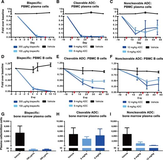Figure 5. BCMA CD3 bispecific and BCMA ADCs mediate depletion of plasma cells and B cells in the bone marrow and peripheral blood of cynomolgus monkeys. A–C, Peripheral plasma cell counts were decreased by BCMA CD3 bispecific, cleavable ADC, or noncleavable ADC treatment. Monkeys were dosed intravenously with test articles on either days 1 and 8 (bispecific) or days 1, 22, 43 (ADCs; red arrows). Plasma cells in blood samples were enumerated by ELISPOT on either days 4 and 10 (bispecific) or days 15, 29, and 46 (ADCs). D–F, BCMA CD3 bispecific, cleavable ADC, or noncleavable ADC treatment depleted peripheral B cells. B cells (CD3−, CD20+) in blood samples from monkeys were measured by flow cytometry prior to dosing and on days 2, 4, and 10 (bispecific) or days 15, 29, and 46 (ADCs). G–I, BCMA CD3 bispecific, cleavable ADC, or noncleavable ADC treatment depleted plasma cells in the bone marrow. Plasma cells were enumerated in bone marrow of monkeys by ELISPOT at necropsy on day 10 (bispecific) or day 46 (ADCs) All results shown as mean ± SEM, n = 2 animals per group for all studies.