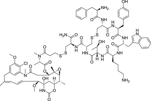 Figure 1. PEN-221 miniature drug conjugate. PEN-221 is comprised of SSTR2 agonist [Tyr3,Cys8]octreotate amide linked to the microtubule agent DM1 through a disulfide bond.