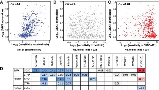 Figure 2. Scatterplots comparing EGFR expression against sensitivity to cetuximab (A), pelitinib (B), and CUDC-101 (C). The plots have been represented in log scale. D, Comparison of correlations for EGFR, ERBB2, and HDAC1. Blue cells, significant correlation; red cells, significant anticorrelation. Gray cells, not significant after permutation testing; white cells, those that have not been tested or are not an annotated target.