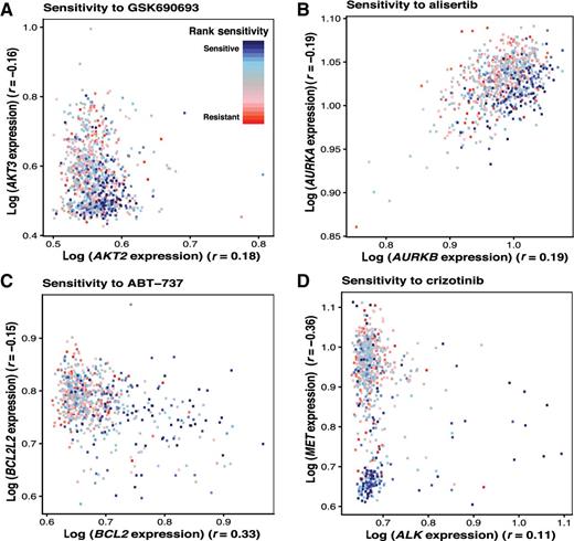Figure 3. Examples of drugs, where a significant correlation between drug target expression and sensitivity with one target and a significant anticorrelation with another was observed. GSK690693 (A), alisertib (B), ABT-737 (C), and crizotinib (D). The x-axis represents the expression of the correlated target. The y-axis represents the expression of the anticorrelated target. The data points are colored on the basis of ranked sensitivity values.