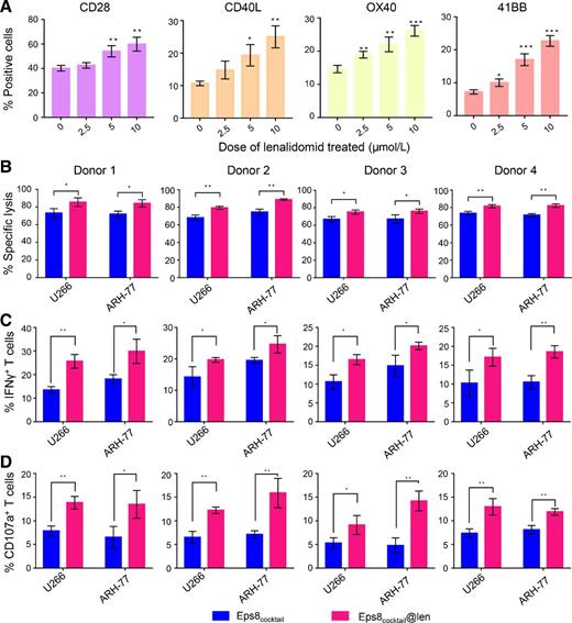 Figure 5. Modulation of the T-cell marker expression and cytotoxicity of Eps8cocktail-CTLs by treatment with lenalidomide. A, Eps8cocktail-CTLs treated with various doses of lenalidomide (4 days, 0, 2.5, 5, 10 μmol/L) were analyzed for CD28, CD40L, OX40, and 41BB expression. B, The cytotoxicity of Eps8cocktail-CTLs and lenalidomide-treated Eps8cocktail-CTLs (Eps8cocktail@len-CTLs) against U266 and ARH-77 cells (HLA-A2.1+, Eps8+) was assessed at a 50:1 E/T ratio. C, Eps8cocktail@len-CTL degranulation (CD107a) in response to multiple myeloma cells was analyzed by flow cytometry. Eps8cocktail@len-CTLs showed a higher proportion of CD8+ cells expressing the CD107a degranulation marker upon recognition of U266 and ARH-77 cells than Eps8cocktail-CTLs. D, Intracellular IFNγ production was measured by flow cytometry after stimulation of Eps8cocktail-CTLs and Eps8cocktail@len-CTLs with the HLA-A2+ U266 and ARH-77 myeloma cell lines. A higher level of IFNγ production was detected in the Eps8cocktail@len-CTLs than in the Eps8cocktail-CTLs. Data are shown as the mean ± SD (n = 3). Significance is indicated as *, P < 0.05, **, P < 0.01, and ***, P < 0.001.