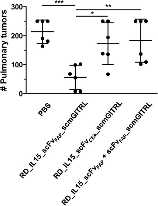 Figure 6. Antitumoral effect of RD_IL15_scFv_mscGITRL in an immunocompetent lung tumor mouse model. B16-FAP cells were injected intravenously in C57BL/6N mice. Treatment with 0.2 nmol fusion protein once a day was applied on days 1, 2, and 10. Lungs were removed on day 21 and tumor lesions counted. *, P < 0.05; **, P < 0.01; ***, P < 0.001.