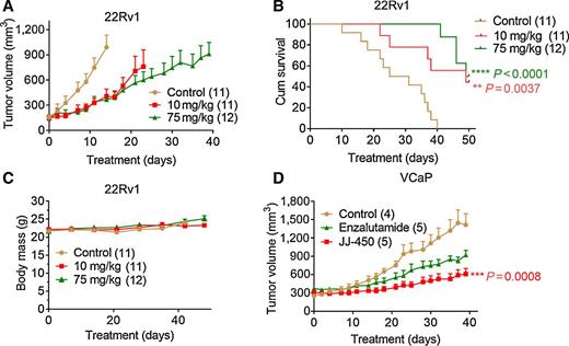 Figure 7. JJ-450 inhibited growth of relapsed xenograft tumors that express AR splice variants in castrated mice. A, Mice with 22Rv1 xenograft were castrated when tumor diameter reached to 5 mm. Mice were randomized and treated with JJ-450 (10 mg/kg body weight i.p. and 75 mg/kg body weight i.p.) every day at the time of castration. B, Body weight of animals described in A over the duration of the experiment. C, Kaplan–Meier curves of mice described in A showing the effect of JJ-450 on the survival of 22Rv1 tumor–bearing mice. Significance was determined using a Log-rank Mantel–Cox test. D, Mice with VCaP xenograft were castrated when tumor volume reached to approximately 250 mm3. Mice were randomized and treated with JJ-450 (75 mg/kg body weight i.p.) or enzalutamide (10 mg/kg body weight i.p.) every day, started 2 weeks after castration. Results represent mean ± SD, and number of animals indicated in parentheses.