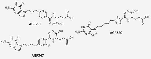 Figure 4. Multi-targeted inhibitors of SHMT2 and cytosolic 1C metabolism. Structures are shown for 5-subsituted pyrrolo[3,2-d]pyrimidine compounds AGF291, AGF320, and AGF347 (35).