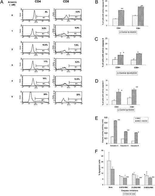 Fig. 1. As2O3-induced apoptosis and caspase activation. MNCs were incubated with As2O3, and apoptosis was measured by TUNEL assay. A shows a representative flow cytograph from three separate experiments. The effect of As2O3 on caspase-8 (B), caspase-9 (C), and caspase-3 (D) activation was determined by flow cytometry. E shows As2O3-induced activation of caspases by colorimetric assay. Apoptosis was also measured in the presence of inhibitors of caspase-8, caspase-9, and caspase-3 (F). Data are shown as the mean ± SD of three separate experiments. ∗, P < 0.05; ∗∗, P < 0.005.