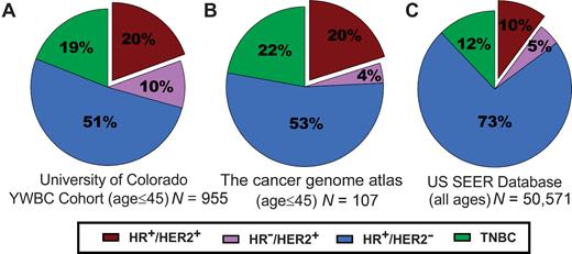 Figure 5. HR+/HER2+ breast tumors are more prevalent among young women. The percentage of patients with HR+/HER2+ breast cancer reaches 20% among women ≤45 years old in (A) the University of Colorado Young Women's Breast Cancer (YWBC) Cohort and (B) The Cancer Genome Atlas. C, The percentage of patients with HR+/HER2+ breast cancer is 10% in all age patients in the US SEER Database.
