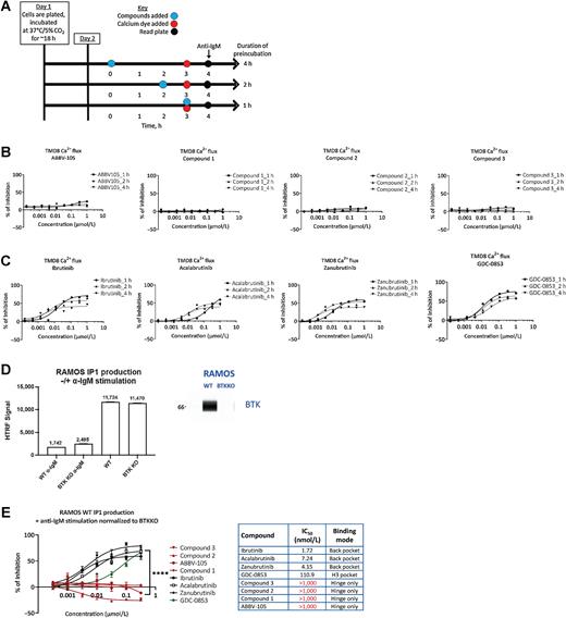 Figure 2. Hinge-only binders showed defects in inhibiting PLCγ2 activation in B lymphoma cells. A, An outline of the time course measurements of calcium flux using the FLIPR assay in TMD8 cells, following compound preincubation and anti-IgM stimulation. B, Hinge–only binders, including ABBV-105, were defective in inhibiting calcium flux in the TMD8 cells. C, Back-pocket binders ibrutinib, acalabrutinib, zanubrutinib, and H3 pocket binder GDC-0853 inhibited the calcium flux in TMD8 cells in a dose-dependent manner. This experiment is representative of two independent experiments. D, IP1 production following anti-IgM stimulation was measured as a surrogate readout for PLCγ2 activation. IP1 production in Ramos cells on anti-IgM (α-IgM) stimulation. IP1 levels were measured in wild-type (WT) and BTK knockout (KO) cells, and Simple Western analysis showed complete elimination of the BTK protein in the BTK KO cell line. Data are presented as mean ± SEM. E, IP1 production in response to BTKi treatment. Ramos wildtype cells were incubated with compounds for 4 hours before anti-IgM stimulation, followed by overnight incubation at 37°C. Intracellular IP1 levels were measured the next day with an HTRF assay, and results were normalized to the BTK KO cells. Data are presented as mean ± SEM. Max% inhibition by back-pocket binders (black) are significantly higher than the hinge-only binders (red) at 10 nmol/L and above concentrations (P < 0.001). P values were determined using two-way ANOVA with Tukey multiple comparisons test. This result is representative of 2 independent experiments. Abbreviations: FLIPR, fluorescent imaging plate reader; HTRF, homogeneous time resolved fluorescence; IP1, inositol phosphate 1; PLCγ2, phospholipase C gamma 2.