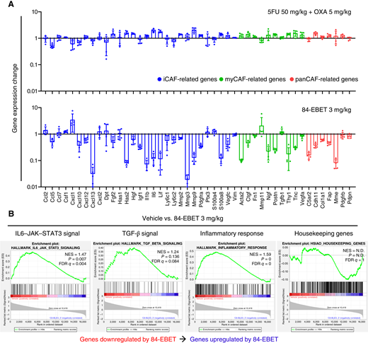 84-EBET modulates CAF gene expression and signaling in a stroma-rich CRC-PDX model. A, RNA-seq analysis of gene expression changes in the stroma of CRC-5 tumors after 5FU + OXA or 84-EBET treatment. Expression fold changes relative to vehicle are represented. Data are presented as mean ± SD (n = 5 mice). B, Gene set enrichment analysis using upregulated and downregulated stromal genes by 84-EBET treatment is shown. Gene sets: HALLMARK_IL6_JAK_STAT3_SIGNALING, HALLMARK_TGF_BETA_SIGNALING, HALLMARK_INFLAMMATORY_RESPONSE, and HSIAO_HOUSEKEEPING_GENES. Normalized enrichment scores (NES), P-values, and FDR Q-values are shown on the plots.