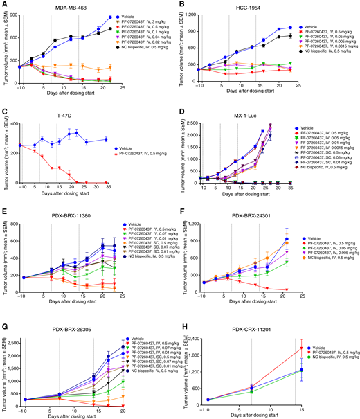 PF-07260437 induced significant and durable TGI in human CDX and PDX models of breast cancer in vivo. A, TNBC tumor cell line MDA-MB-468 and (B) HER2+ tumor cell line HCC-1954 were inoculated subcutaneously, and untreated human PBMCs were injected 6 days prior to drug dosing via an intravenous route. Once tumors were established, mice were dosed with PF-07260437, negative control bispecific, or vehicle either intravenously or subcutaneously on days 0, 7, and 14. C, HR+HER2− tumor cell line T-47D and (D) MX-1-Luc TNBC tumor cells were inoculated subcutaneously. Once tumors were established, mice were dosed with PF-07260437 or vehicle (T-47D) or with negative control bispecific (MX-1-Luc), either intravenously or subcutaneously. Twenty-four hours after the first dose, ex vivo expanded human pan T cells were injected intravenously, and mice received two subsequent doses of PF-07260437 on days 7 and 14. Efficacy in PDX models: PDX-BRX-11380 (E), PDX-BRX-24301 (F), PDX-BRX-26305 (G), and PDX-CRX-11201 (H) fragments were inoculated subcutaneously, and untreated human PBMCs were injected intravenously 6 days prior to treatment initiation. Once tumors were established, mice were dosed with PF-07260437, a negative control bispecific, or vehicle either intravenously or subcutaneously on days 0, 7, and 14. A–H, Mean ± SEM of each group of 10 mice is shown. Dashed vertical lines represent the days mice were dosed with the drug or vehicle. NC bispecific = negative control bispecific. Note in D that several treatment groups are superimposed on top of each other on the graph because of similar activity (intravenous 0.05 mg/kg green line triangle marker, intravenous 0.5 mg/kg red line circle marker, subcutaneous 0.05 mg/kg blue line square marker, and subcutaneous 0.5 mg/kg black line x marker).