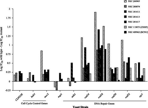 Figure 7. Results from the NCI Yeast Anticancer Drug Screen. Some of the DMS compounds were tested for their ability to inhibit growth of yeast strains altered in cell cycle control and DNA repair genes. For comparison, cisplatin and BCNU are included.