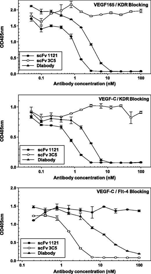 Figure 3. Inhibition of binding of VEGF and VEGF-C to KDR and Flt-4 by the scFv and the diabody. Various amounts of antibodies were incubated with a fixed amount of KDR-AP or Flt-4-AP fusion in solution at room temperature for 1 h, after which the mixtures were transferred to 96-well plates coated with VEGF or VEGF-C. The amount of KDR-AP or Flt-4-AP that bound to the immobilized VEGF or VEGF-C was quantified by incubation of the plates with AP substrate and reading at A405 nm. Points, mean; bars, ±SD.