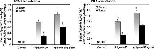 Figure 2. Pharmacologically attainable apigenin concentration in serum and tumor of athymic nude mice implanted with 22Rv1 and PC-3 tumors. Apigenin levels in serum and tumors were detected by high-performance liquid chromatography analysis as described in Materials and Methods. Columns, five to six serum and tumor samples from various groups; bars, SE. ‡, P < 0.001; ND, nondetectable.