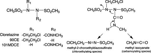 Figure 1. Cloretazine and its analogues, and activation mechanism of cloretazine. Structures of cloretazine, its chloroethylating-only derivative 90CE, and its carbamoylating-only derivative 101MDCE (left), and activation of cloretazine generating the initial chloroethylating and carbamoylating species (right).