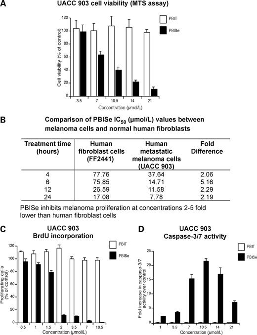 Figure 2. PBISe inhibits melanoma cell viability at 2- to 5-fold lower concentrations than normal human fibroblast cells. A, PBISe more effectively kills melanoma cells that PBIT. Human metastatic melanoma cell line UACC 903 (5 × 103) was treated with increasing concentrations (3.5–21.0 μmol/L) of PBIT or PBISe for 24 h. Cell viability was quantified by MTS assay and dose-response curves plotted. Columns, average of percent cell viability calculated from three independent experiments; bars, SE. PBISe (IC50; 8.1 μmol/L) more effectively inhibit melanoma cell viability compared with PBIT or monosubstituted PEIT and PEISe (IC50 > 100 μmol/L). B, PBISe more efficiently inhibits melanoma cell growth compared with normal human fibroblast cells. Normal human fibroblasts (5 × 103; FF2441) and metastatic melanoma cells (UACC 903) were plated in 96-well plates in 100 μL of DMEM containing 10% FBS and grown for 72 and 36 h, respectively. Exponentially growing cells were treated with increasing concentrations (2.5–100 μmol/L) of PBISe for 4, 6, 12, and 24 h and IC50 (μmol/L) values determined. PBISe inhibits melanoma cell growth at concentrations 2- to 5-fold lower than fibroblast cells at all time points. C, PBISe but not PBIT inhibits melanoma cell proliferation. UACC 903 cells (5 × 103) were treated with increasing concentrations of PBISe and PBIT (0.5–10.5 μmol/L), and proliferating cells were measured using bromodeoxyuridine to label cells for 4 to 6 h. PBISe (2 μmol/L) reduced UACC 903 cellular proliferative capacity by ∼90% compared with PBS vehicle or PBIT-treated cells. Results represent the average of three independent experiments; bars, SE. D, PBISe treatment promotes melanoma cell apoptosis. UACC 903 cells (5 × 103) were plated and treated for 24 h with increasing concentrations of PBISe and PBIT (0.5–10.5 μmol/L). Levels of caspase-3/7 activity (an indicator of apoptosis) in cells exposed to PBIT, PBISe or PBS vehicle were measured using the Apo-ONE homogeneous caspase-3/7 assay kit. Results show fold increase in caspase-3/7 activity relative to PBS vehicle treated cells. Columns, average of three independent experiments; bars, SE. Compared with PBIT, increasing concentrations of PBISe elevated caspase-3/7 activity in a dose-dependent manner up to 10.5 μmol/L, which decreased at higher doses due to massive cell death (>80%), decreasing caspase-3/7 activity.