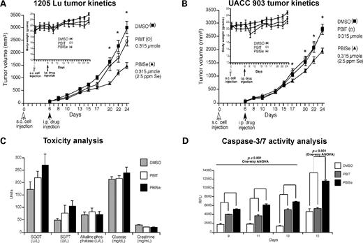 Figure 5. PBISe treatment decreased melanoma development. PBISe decreases the tumorigenic potential of melanoma 1205 Lu cells (A) by ∼50% and UACC 903 by ∼30% (B), with a negligible effect on animal body weight. UACC 903 (5 × 106) and 1205 Lu (2.5 × 106) melanoma cells were injected s.c. into left and right flanks near the rib cages of 4- to 6-week-old female nude mice and tumors allowed to develop for 6 d, at which time, a fully vascularized tumor had developed. From day 6, mice were injected i.p. with PBIT (0.315 μmol/L), PBISe (0.315 μmol/L, 2.5 ppm of selenium), or DMSO vehicle every Monday, Wednesday, and Friday for 3 wks. The sizes of developing tumors and body weights (inset) were measured at the time of each drug injection. Points, average values obtained from 10 tumors (n = 5 animals); bars, SE. Compared with PBIT or DMSO vehicle, PBISe significantly decreased tumor development beginning from day 17 (P < 0.001; two-way ANOVA). At day 24, the difference between control DMSO or PBIT compared with PBISe-treated tumor volumes was ∼50% for 1205 Lu cells (A) and ∼30% for UACC 903 cells (B). No significant difference was observed in body weight during treatment indicating negligible toxicity. C, blood markers for major organ–related toxicity indicate negligible toxicity at the concentrations examined. Levels of aspartate aminotransferase (for serum glutamic oxaloacetic transaminase), alanine aminotransferase (for serum glutamic pyruvic transaminase), alkaline phosphatase, glucose, and creatinine were analyzed in blood collected from the animals treated with PBIT, PBISe, or DMSO vehicle. Treatment with PBIT or PBISe did not significantly alter any of these variables compared with vehicle DMSO–treated animals, indicating negligible vital organ–related (liver, heart, kidney, and pancreas) toxicity. D, PBISe treatment promotes apoptosis in size-matched and time-matched melanoma tumors. Mice bearing tumors matched for size and time of development were injected i.p. with PBIT and PBISe (0.315 μmol/L) or DMSO (50 μL) vehicle starting 7 d after s.c. injection of cells and on alternate days thereafter up to day 15. Tumors were removed from euthanized mice on days 9, 11, 13, and 15 for measurement of caspase-3/7 activity using the Apo-ONE homogeneous caspase-3/7 assay kit. Progressively, statistically higher levels of apoptosis (caspase-3/7 activity) were observed from tumors at days 9 to 15, with a 2-fold difference measured at day 15. Columns, average from three independent experiments; bars, SE.