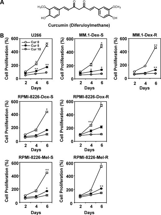 Figure 1. Curcumin suppresses the proliferation of drug-resistant multiple myeloma cells. A, structure of curcumin. B, U266 cells (5 × 103) treated with various concentrations of curcumin, dexamethasone-sensitive (top middle) and dexamethasone-resistant (top right) MM.1 cells (5 × 103), doxorubicin-sensitive (middle left) and doxorubicin-resistant (middle right) RPMI-8266 cells (5 × 103), and melphalan-sensitive (bottom right) and melphalan-resistant (bottom right) RPMI-8266 cells were plated in triplicate, treated with 5 and 10 μmol/L curcumin, and then subjected to 3-(4,5-dimethylthiazol-2-yl)-2,5-diphenyl-2H-tetrazolium bromide assay on days 2, 4, or 6 to analyze multiple myeloma cell proliferation. Mean ± SD of three experiments. **, P < 0.01; *, P < 0.05 versus control.