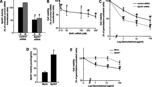 Figure 5. Decreasing or, conversely increasing, SphK1 activity sensitized, or rendered Panc-1 cells more resistant, respectively, to gemcitabine. A to C, Panc-1 cells were transfected with a SphK1 or control siRNA. A, SphK1 activity was assessed on Panc-1 cells transfected for 48 h with 100 nmol/L SphK1 or control siRNA and then treated or not for 48 h with 100 μg/mL gemcitabine. Results are expressed as the percentage of the SphK1 activity measured in gemcitabine-untreated control siRNA-transfected cells (100%). Representative of three independent experiments. B, Panc-1 cells were transfected with increasing concentrations of SphK1 or control siRNA (0-250 nmol/L). Cell viability was assessed at 96 h of culture by MTT assay. Results are expressed as the percentage of the cell viability observed in SphK1 versus control siRNA-transfected cells for the same concentration of siRNA used and are normalized as 100% of cell survival observed in control siRNA-transfected cells. Representative of five independent experiments. C, Panc-1 cells were transfected for 48 h with 50 nmol/L SphK1 or control siRNA and then treated for 48 h with gemcitabine (0-100 μg/mL). Cell viability was assessed by MTT assay. Results are expressed as the percentage of the cell viability observed in the respective gemcitabine-untreated control or SphK1-transfected cells (100%). Representative of six independent experiments. #, P < 0.05; ##, P < 0.01, SphK1 versus control siRNA-transfected Panc-1 cells. D and E, Panc-1 cells were transfected with a SphK1 cDNA. D, efficient SphK1 cDNA transfection in Panc-1 cells was checked by measuring SphK1 activity in mock- and SphK1-transfected Panc-1 cells. Representative of three independent experiments. E, mock- and SphK1-transfected Panc-1 cells were treated for 48 h with gemcitabine (0-100 μg/mL). Cell viability was assessed by MTT assay. Results are expressed as 100% of the respective gemcitabine-untreated control or SphK1-transfected cells. Representative of three independent experiments. *, P < 0.05; **, P < 0.01, SphK1 versus mock-transfected cells. #, P < 0.05; ##, P < 0.01, gemcitabine-treated versus untreated cells.