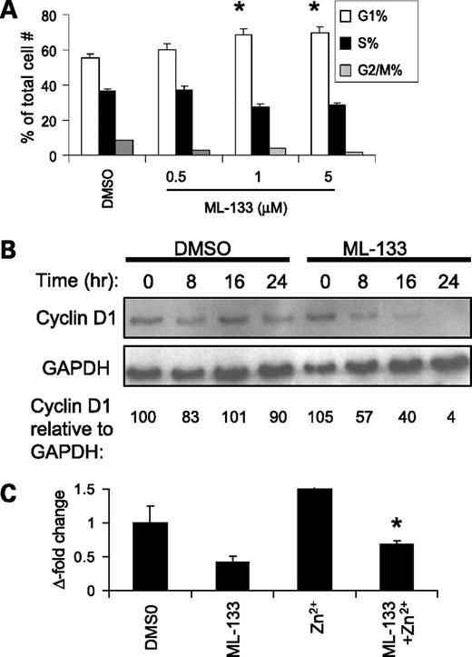Figure 3. ML-133–mediated cell cycle arrest involves cyclin D1 repression. A, HT-29 cells were treated for 24 h with the indicated concentrations of ML-133; a dose-dependent G1-S phase cell cycle arrest was observed as measured by flow cytometry (*, P < 0.05 at 1 and 5 μmol/L ML-133 compared with control). B, decreased protein expression of cyclin D1 detected by Western blotting at the indicated time points post treatment with 1 μmol/L ML-133. Densitometric analysis was done to compare cyclin D1 protein levels to glyceraldehyde-3-phosphate dehydrogenase protein levels to normalize the results. These results are representative of three replicate experiments. C, decreased gene expression of cyclin D1 determined by real-time PCR after treatment with 1 μmol/L ML-133 for 16 h and 25 μmol/L ZnCl2. (*, P < 0.05 versus ML-133).