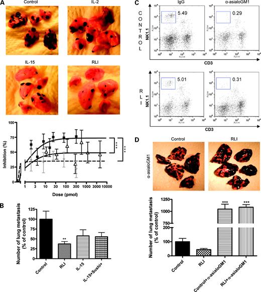 Figure 2. Effect of IL-2, IL-15, and RLI in the B16F10 mouse melanoma model. A, mice were treated with RLI, IL-15, IL-2, or saline on days 1, 2, and 10. On day 21, mice were sacrificed and tumors (black nodules) were counted. Top, representative pictures of lungs; bottom, dose-response curves of RLI (▪), IL-15 (▾), and IL-2 (Δ) on lung metastasis. Data are expressed as percentage of inhibition versus control (saline). Maximal effects are statistically different. ***, P < 0.001, F test. B, RLI (2 μg) or IL-15 (1.2 μg) alone or preassociated with sushi+ (0.8 μg) was administered i.p. on days 1, 2, and 10. Columns, mean of each group (n = 18); bars, SEM. **, P < 0.01 versus control, Dunnett's multiple comparison test. C and D, in vivo NK cell depletion with α-asialoGM1 on days −2, 1, 5, 12, and 19 after i.v. injection of B16F10 cells. Mice were treated with RLI or saline on days 1, 2, and 10. On day 21, mice were sacrificed. C, the isolated splenic lymphocytes of mice were stained using FITC-conjugated anti-mouse CD3e and phycoerythrin-conjugated anti-mouse NK1.1 mAbs and then analyzed using flow cytometry. D, top, representative imaging of lung metastasis in the presence of α-asialoGM1 antibody; bottom, lung metastasis was counted. ***, P < 0.001 versus control, Newman-Keuls multiple comparison test.