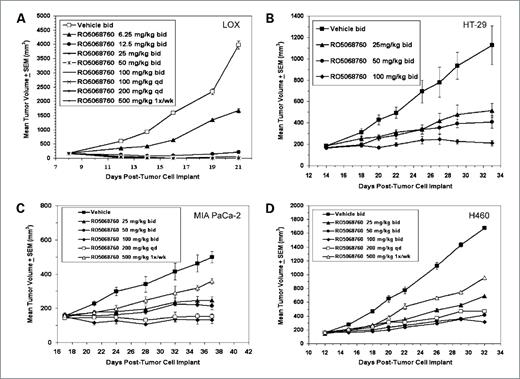 Figure 1. In vivo antitumor efficacy of MEK inhibitor RO5068760 in multiple human xenograft tumor models including melanoma, colorectal, lung, and pancreatic cancers. Human cancer cells were implanted s.c. in nude mice. After palpable tumors were established, mice were dosed with RO5068760 twice daily or once daily or weekly by oral gavage (10 mice per group) at various dose levels as indicated. Tumor volumes were measured and growth curves were derived from the mean tumor volume in each dosing group.