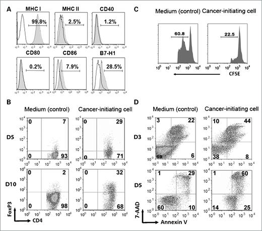 Figure 2. Glioma-associated cancer-initiating cells are immunosuppressive of human T cells. A, immune surface phenotype of a representative glioma-associated cancer-initiating cell. The glioma-associated cancer-initiating cells were surface stained with antibodies to MHC I, MHC II, CD40, CD80, CD86, and B7-H1. Representative FACS histogram plots for one glioma-associated cancer-initiating cell are shown for target staining (shaded line) with associated isotype controls (black line). Percentages of the positive populations are shown. B, the supernatants from the glioma-associated cancer-initiating cells induce an increase in the number of CD4+FoxP3+ Tregs on both day 5 and 10. Representative FACS plots are shown. C, the glioma-associated cancer-initiating cell–induced FoxP3+ Tregs suppress T-cell proliferation. T cells that were treated with glioma-associated cancer-initiating cell supernatants were harvested, cocultured for 3 d with autologous PBMCs (labeled with CFSE, responder cells) at a 1:1 ratio in the presence of soluble anti-CD3, and subsequently analyzed via FACScan. The number above the line in each histogram represents proliferating responder cells. D, the glioma-associated cancer-initiating cell supernatants induce T-cell apoptosis after 3 d of exposure to the supernatants. Similar data were obtained after 5 d of exposure. After culturing with the glioma-associated cancer-initiating cell supernatants, T cells were stimulated with anti-CD3/CD28 and stained with 7-AAD and Annexin V. Compared with medium alone (control), the glioma-associated cancer-initiating cells enhanced T-cell apoptosis.