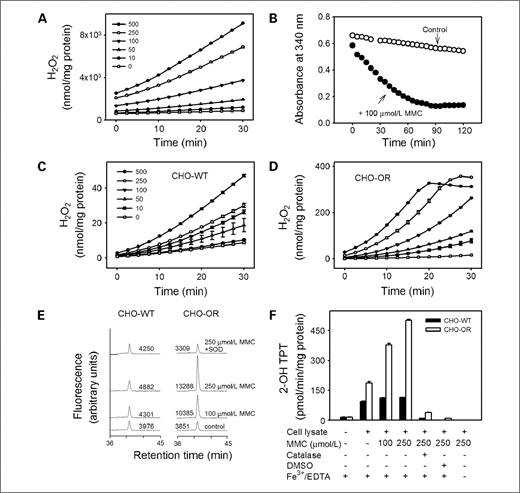 Figure 3. Redox cycling of MMC by recombinant cytochrome P450 reductase and lysates of CHO cells. A, ability of rat recombinant cytochrome P450 reductase to redox cycle MMC. H2O2 production was assayed in enzyme reactions run in the absence or presence of increasing concentrations of MMC using Amplex Red/horseradish peroxidase. Points, mean (n = 3); bars, SEM. B, metabolism of NADPH in reactions containing rat recombinant cytochrome P450 reductase. NADPH (100 μmol/L) in reaction mixes was assayed in the absence (○) or presence (•) of 100 μmol/L MMC. C and D, MMC-induced H2O2 generation during redox cycling. MMC-induced H2O2 production in lysates from CHO-WT cells (C) and CHO-OR cells (D) was assayed in absence or presence of increasing concentrations of MMC. Points, mean (n = 3); bars, SEM. E, generation of superoxide anion by MMC. Superoxide anion in enzyme assays was quantified by the formation of 2-hydroxyethidium from dihydroethidium as measured by high-performance liquid chromatography with fluorescence detection. In some assays, superoxide dismutase (350 U/mL) was added to inhibit the accumulation of superoxide anion. One representative experiment is shown. The numbers indicate the areas under each peak in arbitrary units. F, generation of hydroxyl radicals by MMC. Hydroxyl radicals in enzyme assays were quantified by the formation of 2-hydroxyterephthalate (2-OH TPT) from terephthalate. Columns, mean (n = 2); bars, SD. In some assays, catalase (400 U/mL) or DMSO (70 mmol/L) was added to inhibit hydroxyl radical formation or its reaction with terephthalate, respectively. Note that the formation of hydroxyl radicals was dependent on the presence of redox active iron. All reactions contained 0.5 mmol/L NADPH.