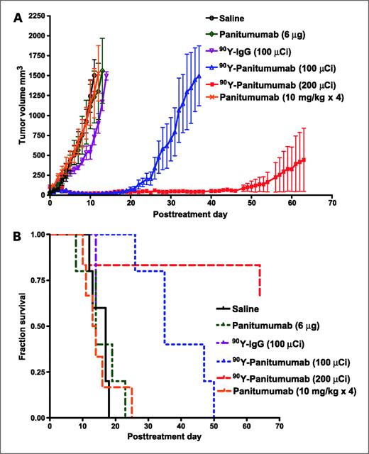 Figure 4. A, growth curves of UM-SCC-22B tumors in six groups of mice after i.v. injection of 7.4 MBq 90Y-DOTA-panitumumab, 3.7 MBq 90Y-DOTA-panitumumab, 3.7 MBq 90Y-hIgG, cold panitumumab (∼6 μg), four doses of cold panitumumab (10 mg/kg) every 3 d, and saline. Points, mean (n = 5–6 per group); bars, SD. B, Kaplan-Meier survival curves of UM-SCC-22B tumor-bearing nude mice that received 7.4 MBq 90Y-DOTA-panitumumab, 3.7 MBq 90Y-DOTA-panitumumab, 3.7 MBq 90Y-hIgG, cold panitumumab (∼6 μg), four doses of cold panitumumab (10 mg/kg) every 3 d, and saline. The mice were sacrificed when the tumor size reached ≥1,500 mm3 (n = 5–6 per group).