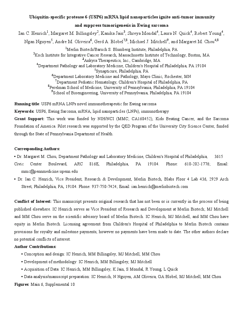 First page of Ubiquitin-specific protease 6 (USP6) mRNA lipid nanoparticles ignite anti-tumor immunity 
and suppress tumorigenesis in Ewing sarcoma<alt-title alt-title-type="left-running">USP6 mRNA LNPs novel immunotherapeutic for Ewing sarcoma</alt-title>