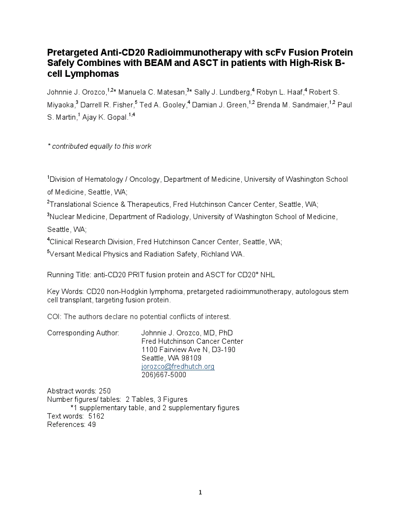 First page of Pretargeted Anti-CD20 Radioimmunotherapy with scFv Fusion Protein Safely Combines with BEAM and ASCT in patients with High-Risk B-cell Lymphomas<alt-title alt-title-type="left-running">anti-CD20 PRIT fusion protein and ASCT for CD20+ NHL</alt-title>