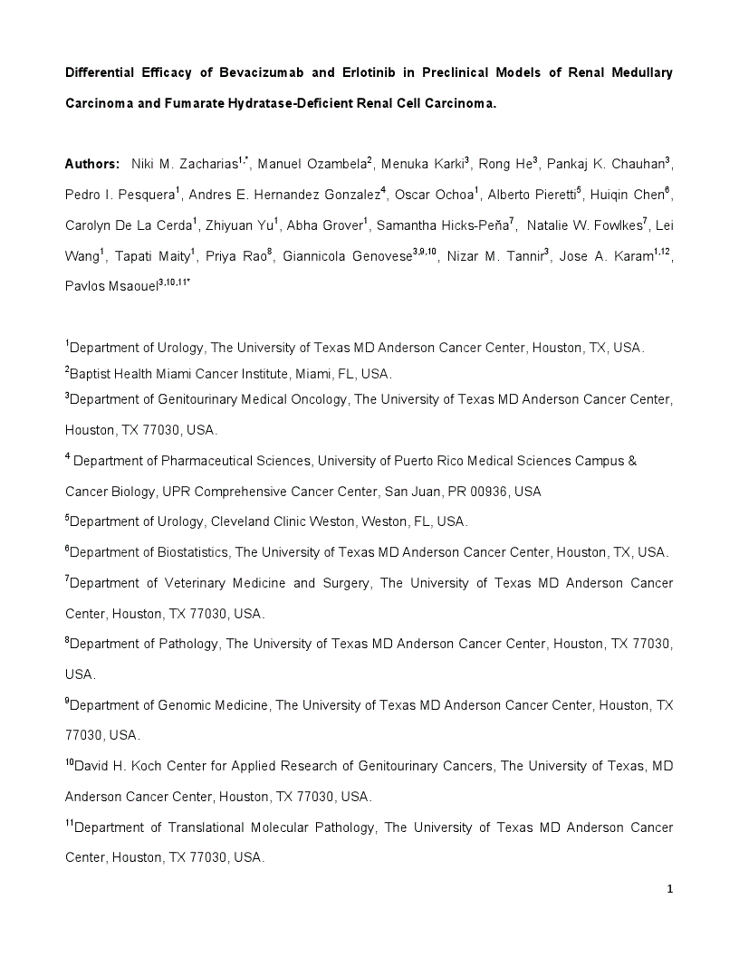 First page of Differential Efficacy of Bevacizumab and Erlotinib in Preclinical Models of Renal Medullary Carcinoma and Fumarate Hydratase-Deficient Renal Cell Carcinoma.<alt-title alt-title-type="left-running">Efficacy of Bevacizumab and Erlotinib in Rare Kidney Cancers</alt-title>