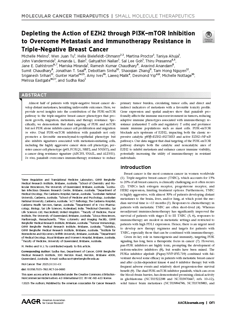 First page of Depleting the Action of EZH2 through PI3K–mTOR Inhibition to Overcome Metastasis and Immunotherapy Resistance in Triple-Negative Breast Cancer<alt-title alt-title-type="short">PI3K–mTOR Pathway Epigenetic Switch in TNBC</alt-title>
