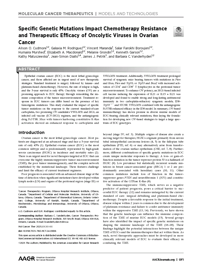 First page of Specific Genetic Mutations Impact Chemotherapy Resistance and Therapeutic Efficacy of Oncolytic Viruses in Ovarian Cancer<alt-title alt-title-type="short">Ovarian Cancer Genetic Mutations and Response to Therapy</alt-title>