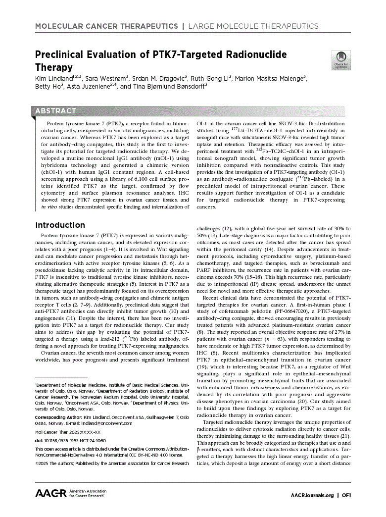 First page of Preclinical Evaluation of PTK7-Targeted Radionuclide Therapy<alt-title alt-title-type="short">Preclinical Evaluation of PTK7-Targeted Radionuclide Therapy</alt-title>
